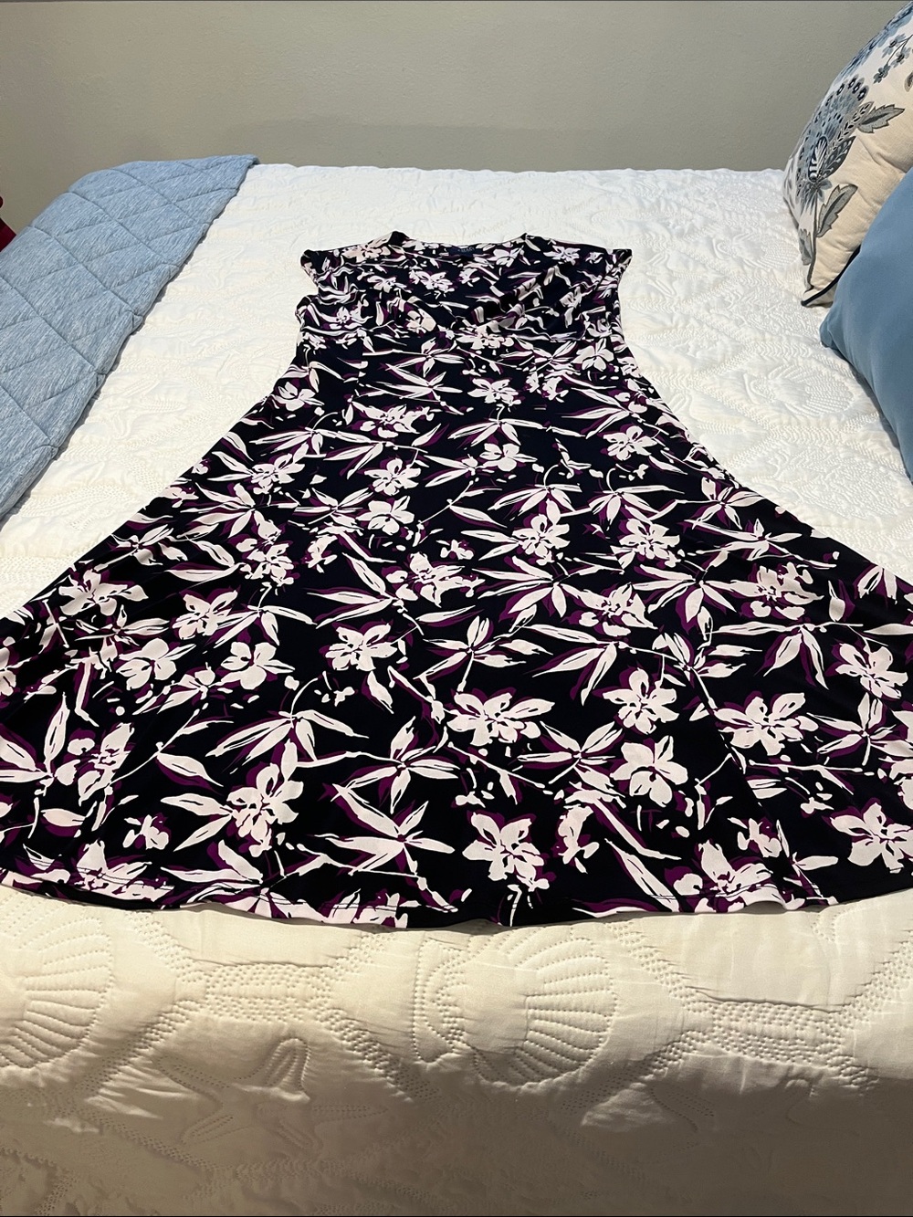 Chaps Black Floral Maxi Dress with Purple and White Accents